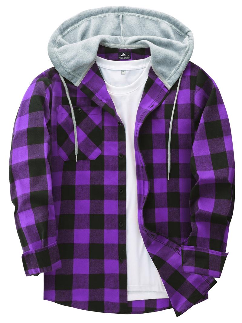【Plus Size】 Plaid Print Button Front Drawstring Hooded Shirt, Casual Regular Fit Long Sleeve Pocket Top for Daily Wear, Men's Clothing for All Seasons