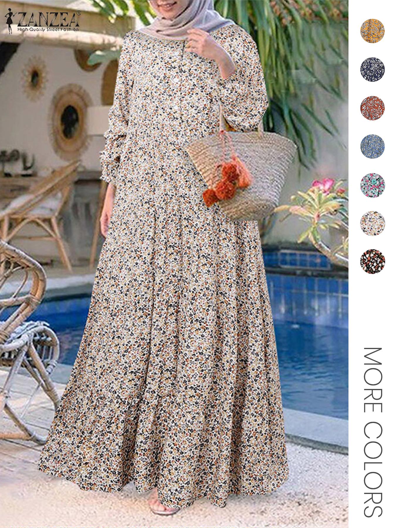 Women's Ditsy Floral Print Long Sleeve Tunic Dress, Casual Round Neck Dress for Holiday Vacation Daily Wear, Ladies Clothes for All Seasons