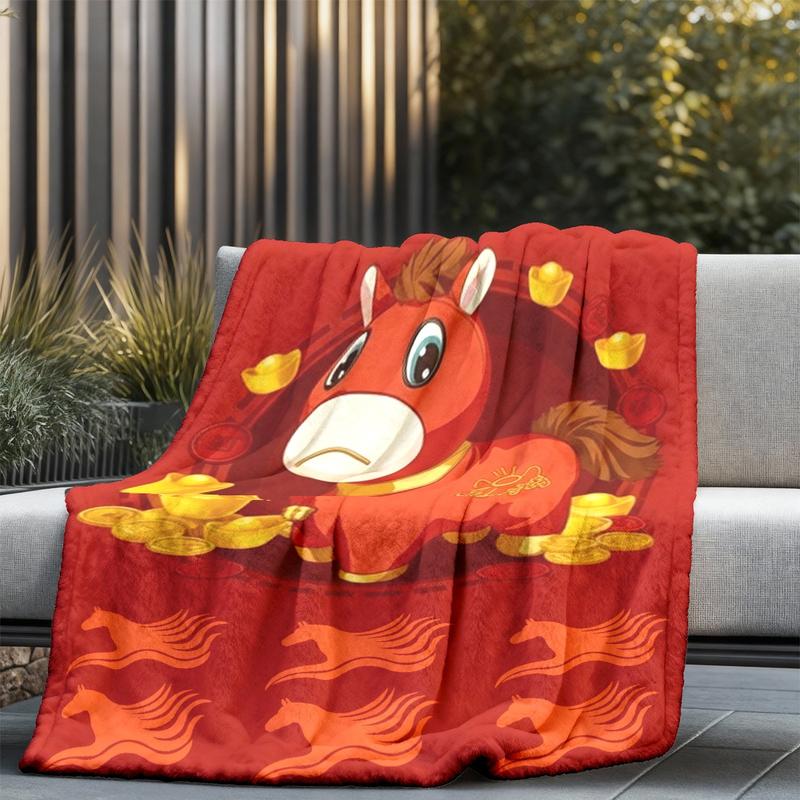 Cute Bitter Horse Theme Flannel Blanket, Large Size, Soft Lightweight Warm, Perfect for Bed Sofa Office Camping Travel Gift