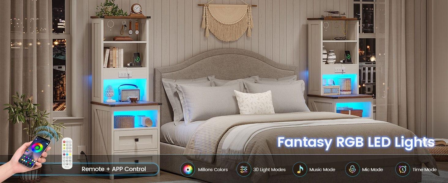 Sikaic Tall Nightstand with Charging Station and Bookshelf White Farmhouse Bedside End Side Table with Led, 2 Drawers, 6 Hooks and Storage Shelves for Bedroom