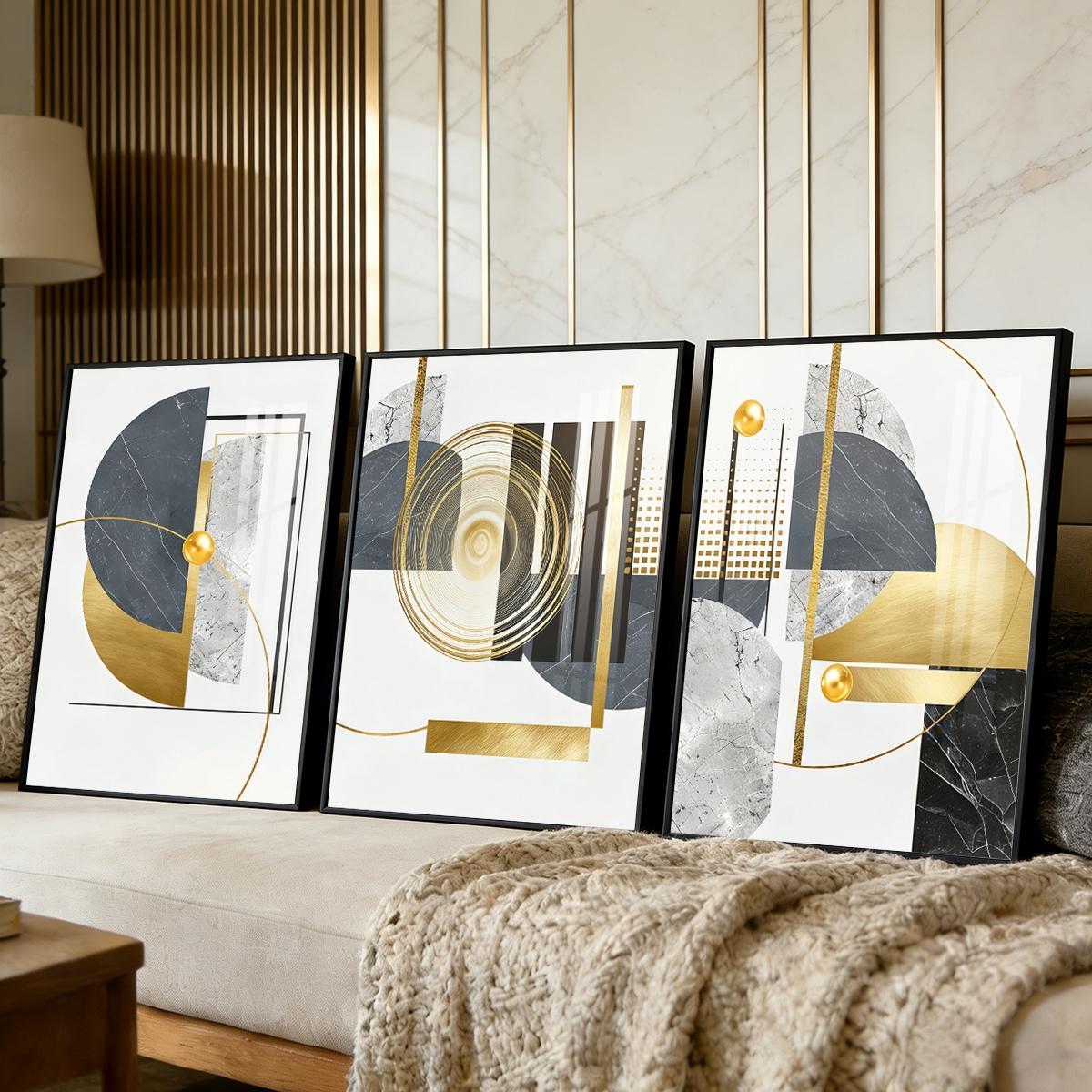 3 Counts Aluminum Alloy Framed Painting, Geometric Gold And Grey Abstract Art, Home Decoration For Living Room, Bedroom, Office, Restaurant, Hallway Wall Decor, Odorless Print Artwork, Luxury Perfect Gift For Friends And Family