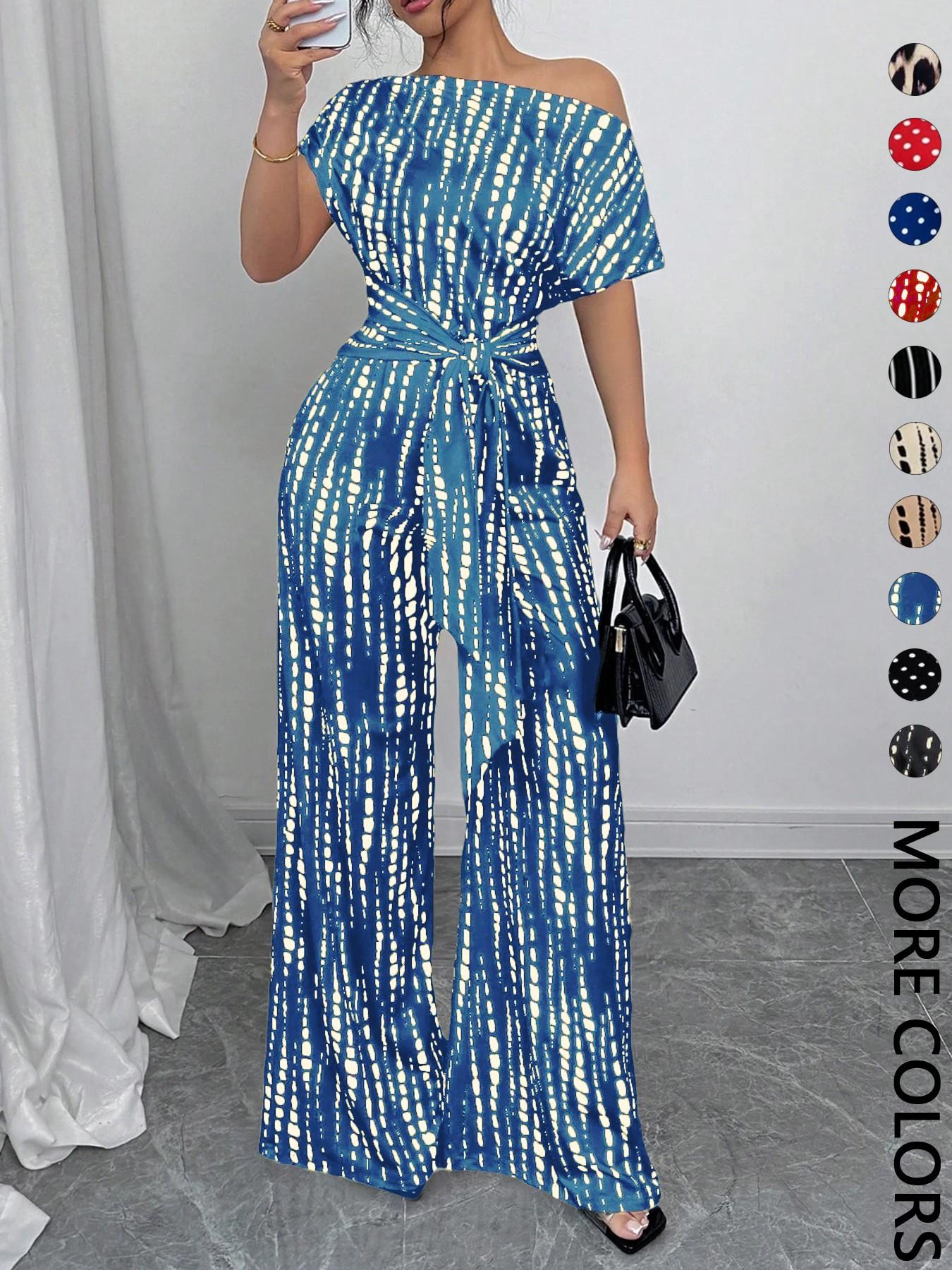 Women's All Over Print Tie Front Jumpsuit, Casual Asymmetrical Neck Jumpsuit for Spring & Fall, Women's Clothes for Daily Wear