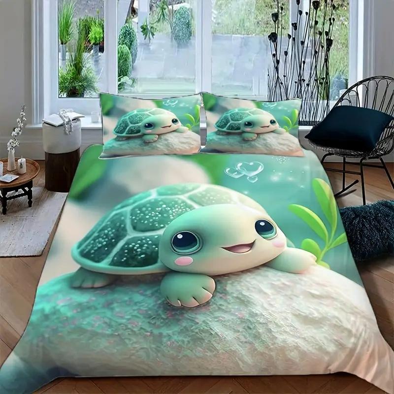 3pcs Turtle Pattern Bedding Set, Soft Polyester Fitted Sheet & Pillowcases, Modern Style, Digital Print, Ideal Gift, Soft Bedding Sets