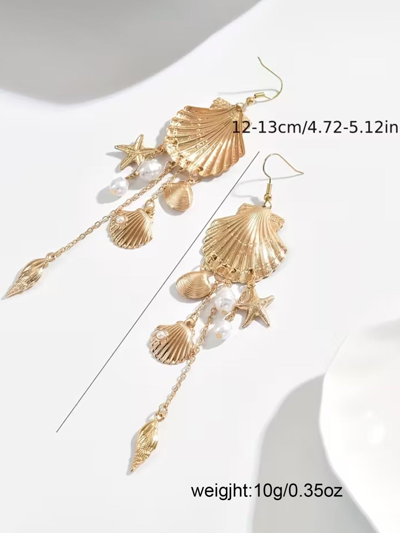 Boho Shell Conch Imitation Pearl Starfish Oceanic Pendant Earrings, Fashionable Bohemian Style Jewelry for Daily Wear & Beach Parties