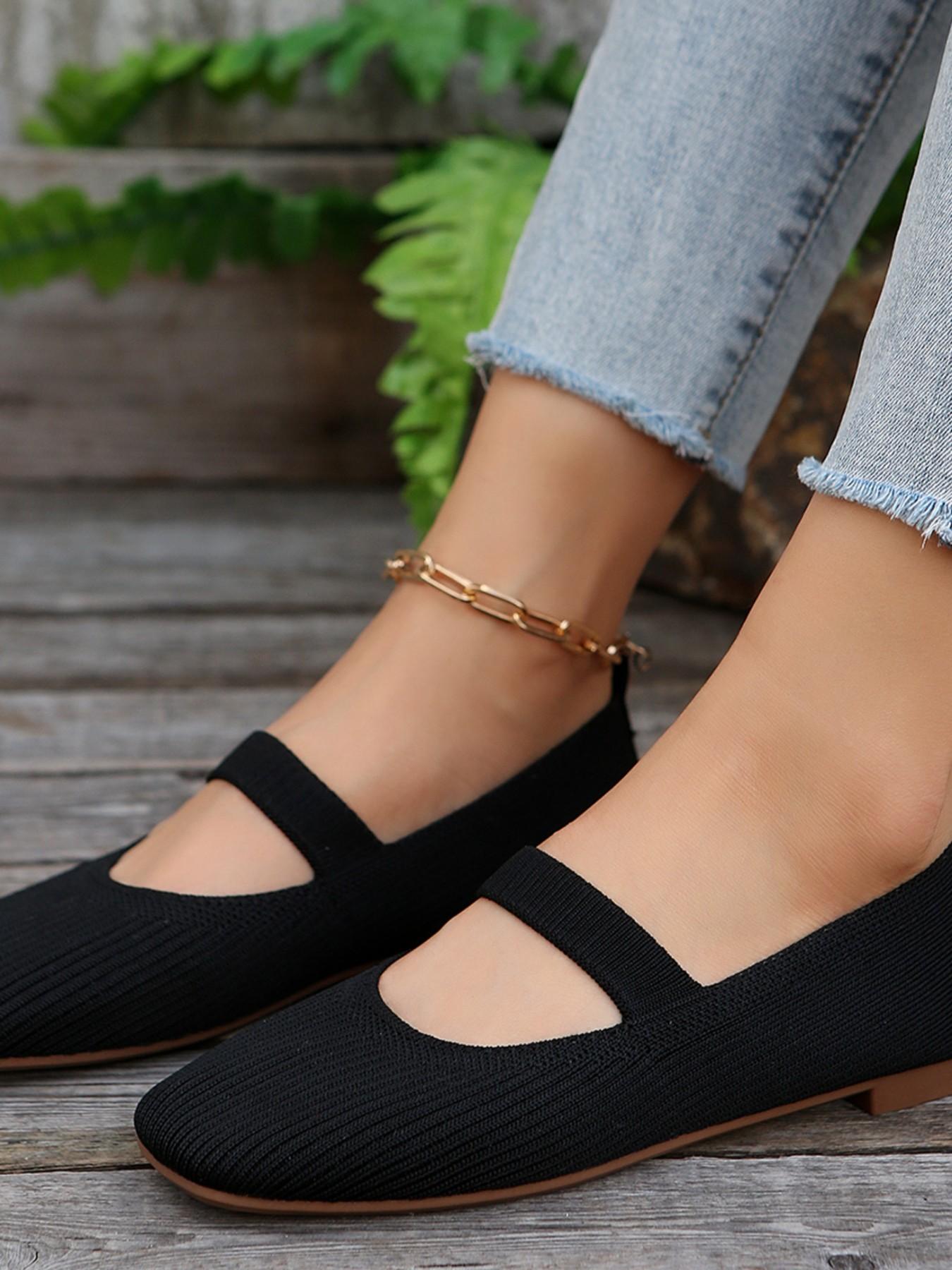 Women's Knitted Striped Mary Jane Shoes Square Toe Casual Trendy Flat Flats Breathable Non-Slip Soft Sole Comfortable Casual Daily Wear Fashion Footwear Versatile Shoes Fashionable Flats