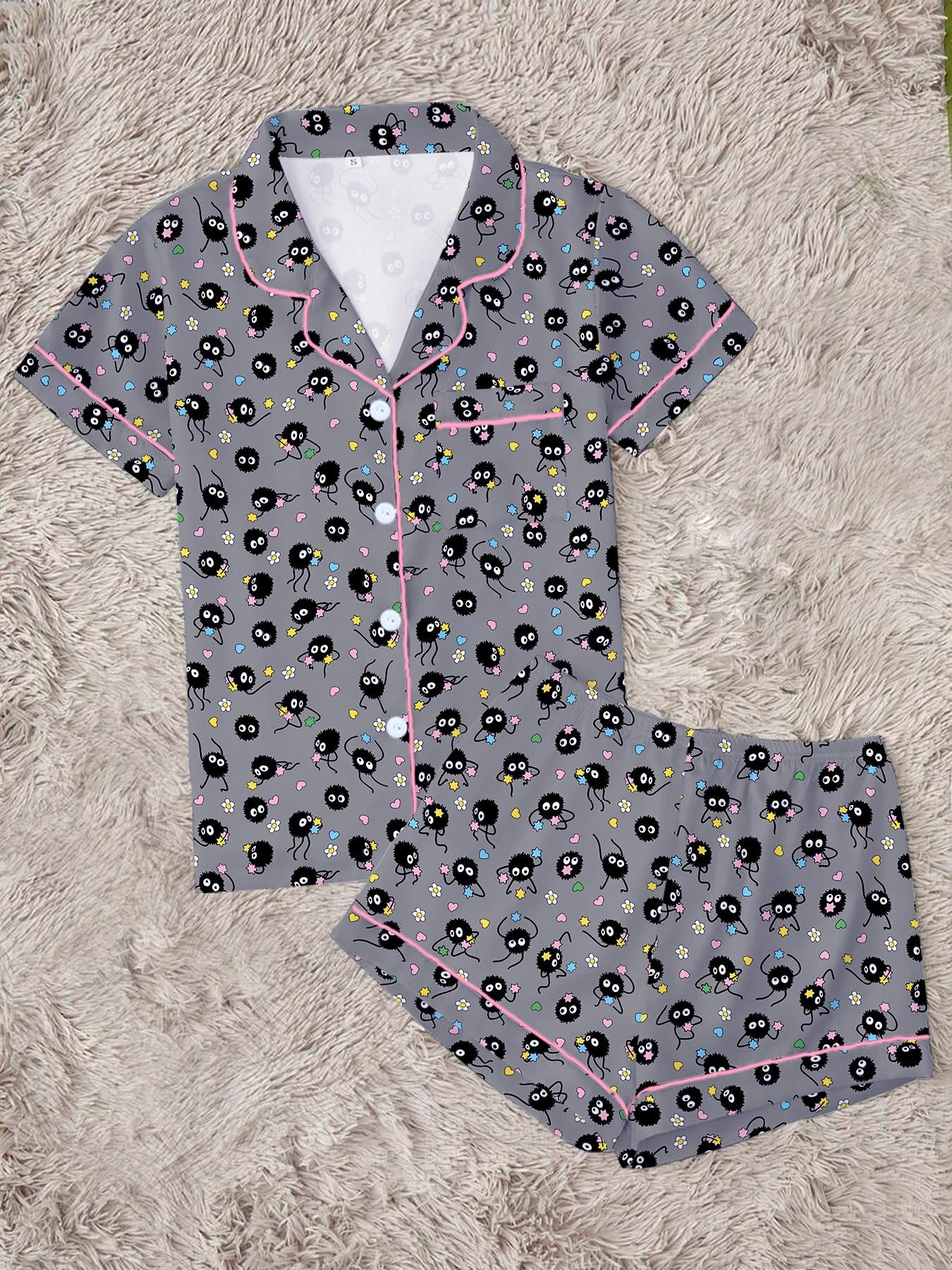 Cartoon Print Women's Pajama Set, Pjs, Comfortable Two-Piece, Short Sleeve Button-Up Top and Elastic Shorts, Casual Home Wear, Loungewear, Nightwear, Party Gift
