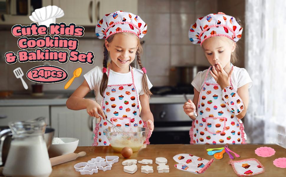 Vanmor Kids Cooking and Baking Sets, Kids Aprons Sets for Girls Toddler Chef Hat Apron Dress Up Chef Costume