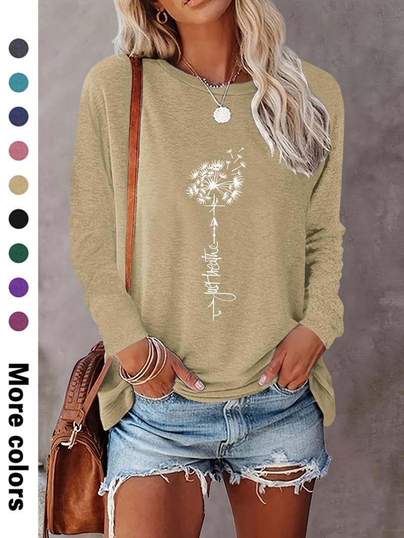 Women's Floral & Letter Print Crew Neck Tee, Fashion Casual Long Sleeve T-shirt for Daily Outdoor Wear, Ladies Clothes for Spring & Fall
