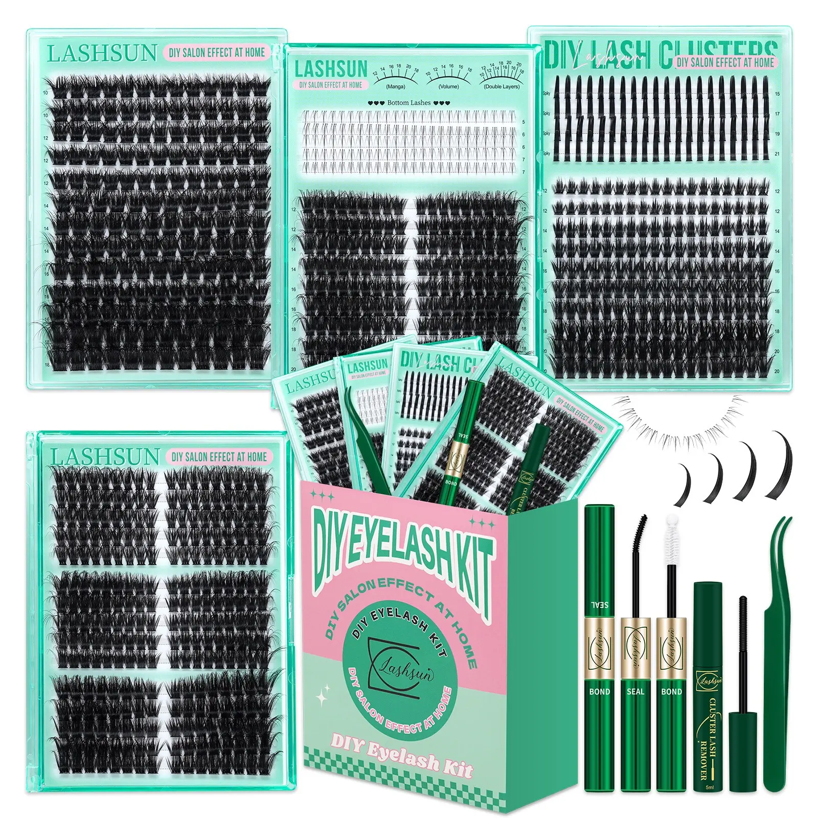 921 Pcs Eyelash Cluster Kit, Eyelash Extensions D Curl Mixed 5-21mm 7 Styles Bottom/Spike/Mega/Cat/Volume Lashes, Kit with Bond&Seal Lash Remover Tweezers , DIY at Home Easily, Easy Apply for Makeup Daily