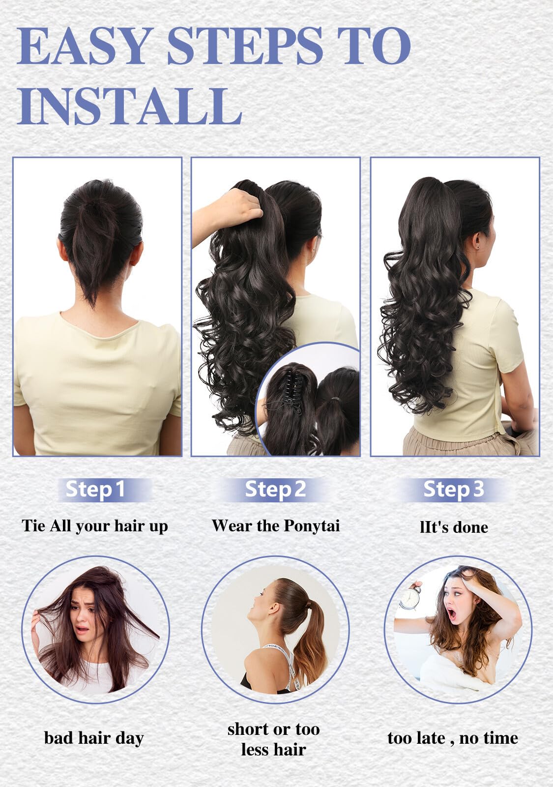 [ORSUNCER HAIR]Ponytail Extension 24" Long Curly Wavy Claw Clip in Ponytail Hair Extensions Curly Jaw Clip on Pony Tails Fluffy Hairpiece for Women Daily Party Use