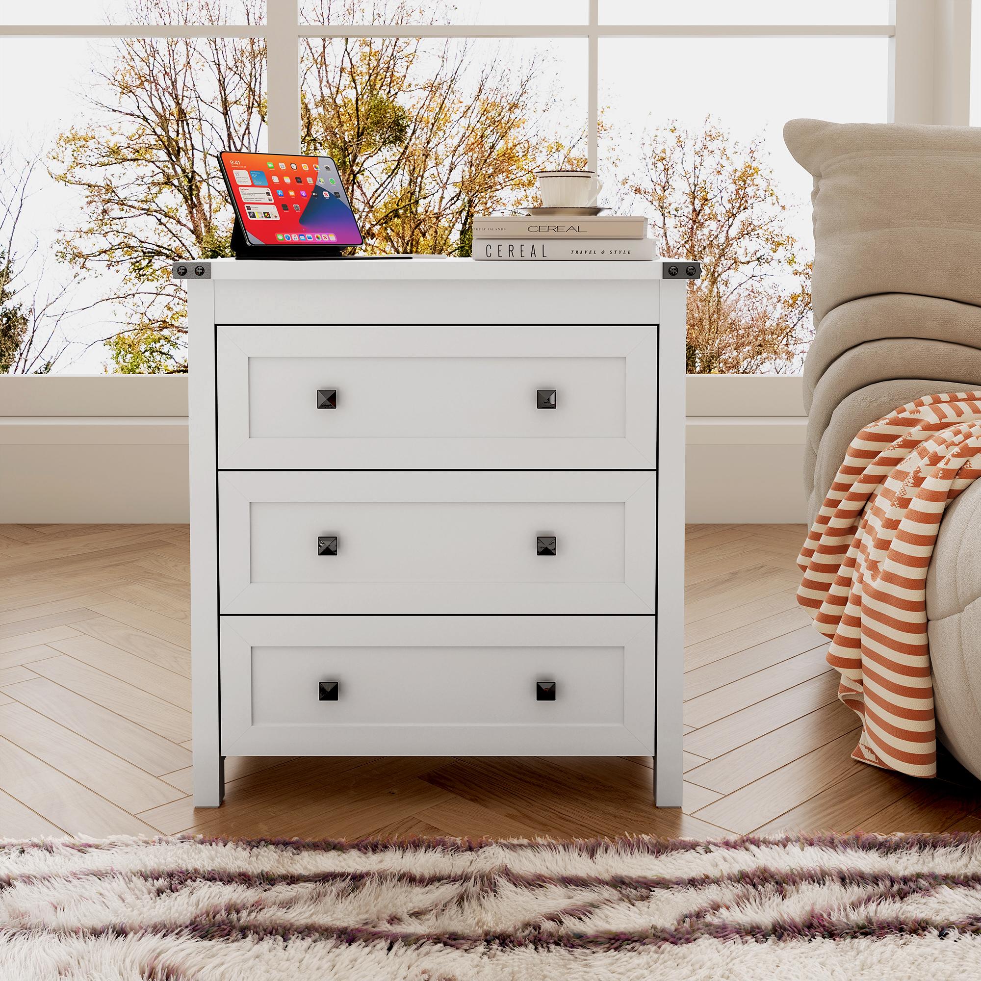 Dresser for Bedroom with 3 Drawers, Small Chests of Drawers, 27.55" Wide Farmhouse Wood Nightstand Bedside Cabinet Side End Table, Modern Closet Storage Organizer for Living Room, Entryway, Hallway, White