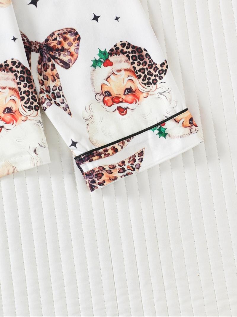 Women's Christmas Leopard Santa Claus Pajama Set, Long Sleeve Sleepwear & Pants, Elegant Fitted Nightwear for All Seasons