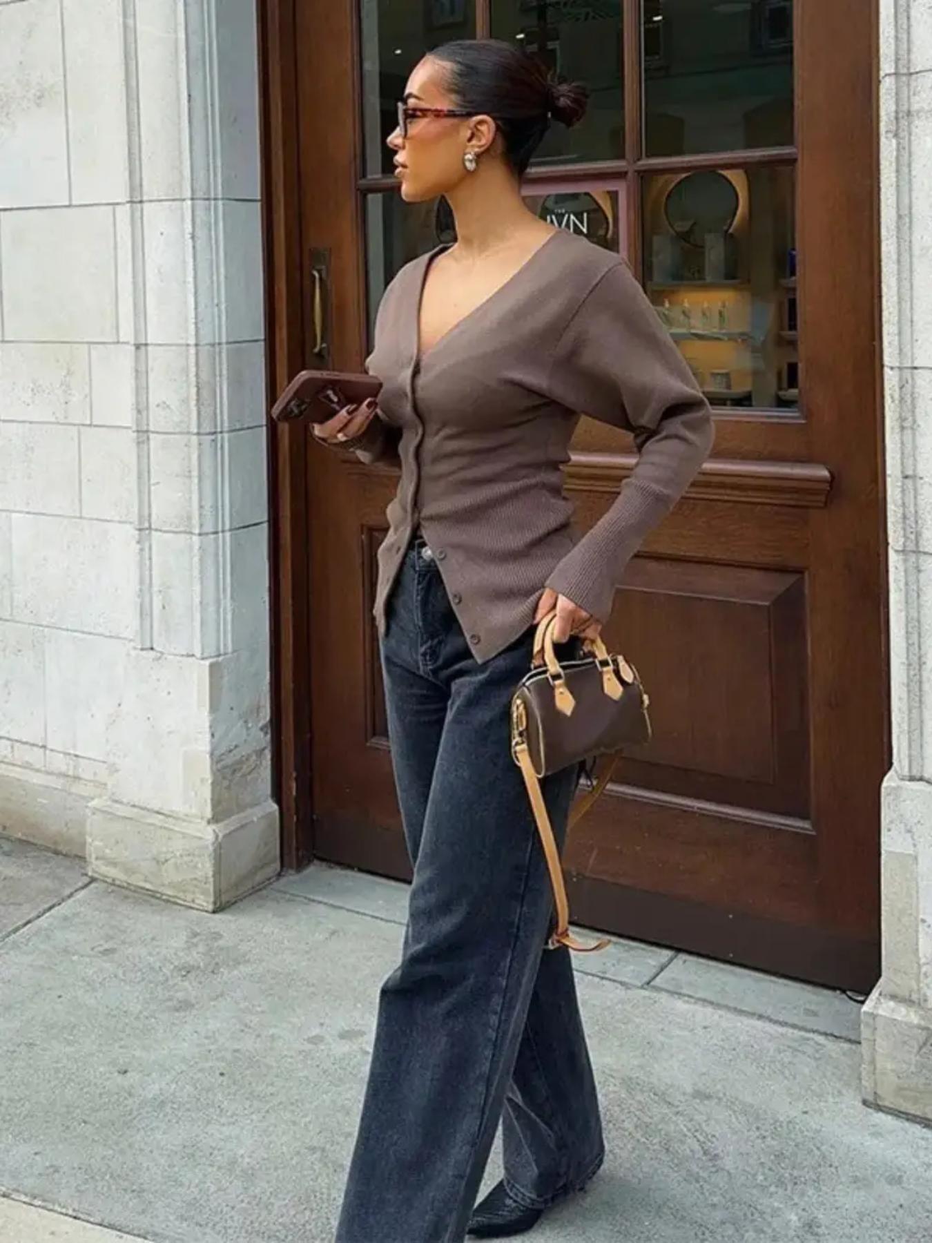 Women's Solid V-Neck Cardigan Long Sleeve Button Front Ribbed Knitwear Elegant Slim Fit Sweater Top Fall Winter Daily Wear Fashion Knit Clothing Ladies Casual Outfits Knitting