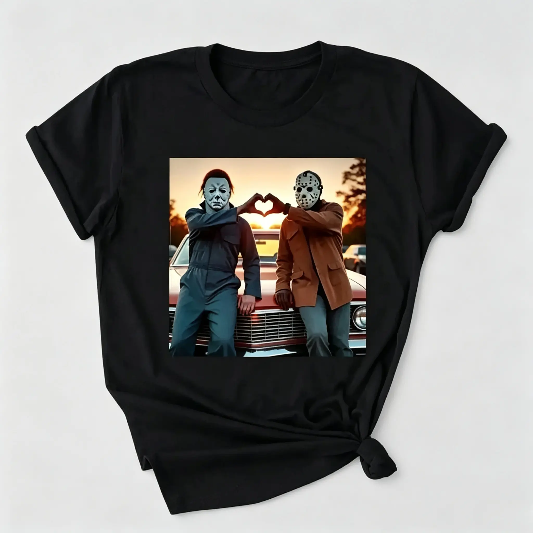 Vintage Michael Myers & Jason Heart Hands Shirt, Retro Horror Movie Tee, Friday The 13th Thriller Graphic T-Shirt, Funny Halloween Top, Unisex Gift For Men Women