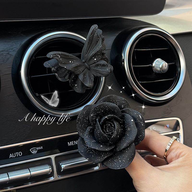 Luxury Car Vent Diffuser, Clip-on Mineral Stone Air Freshener with Camellia & Butterfly, Fragrant Ornament for Odor Control, Fragrance, Porous
