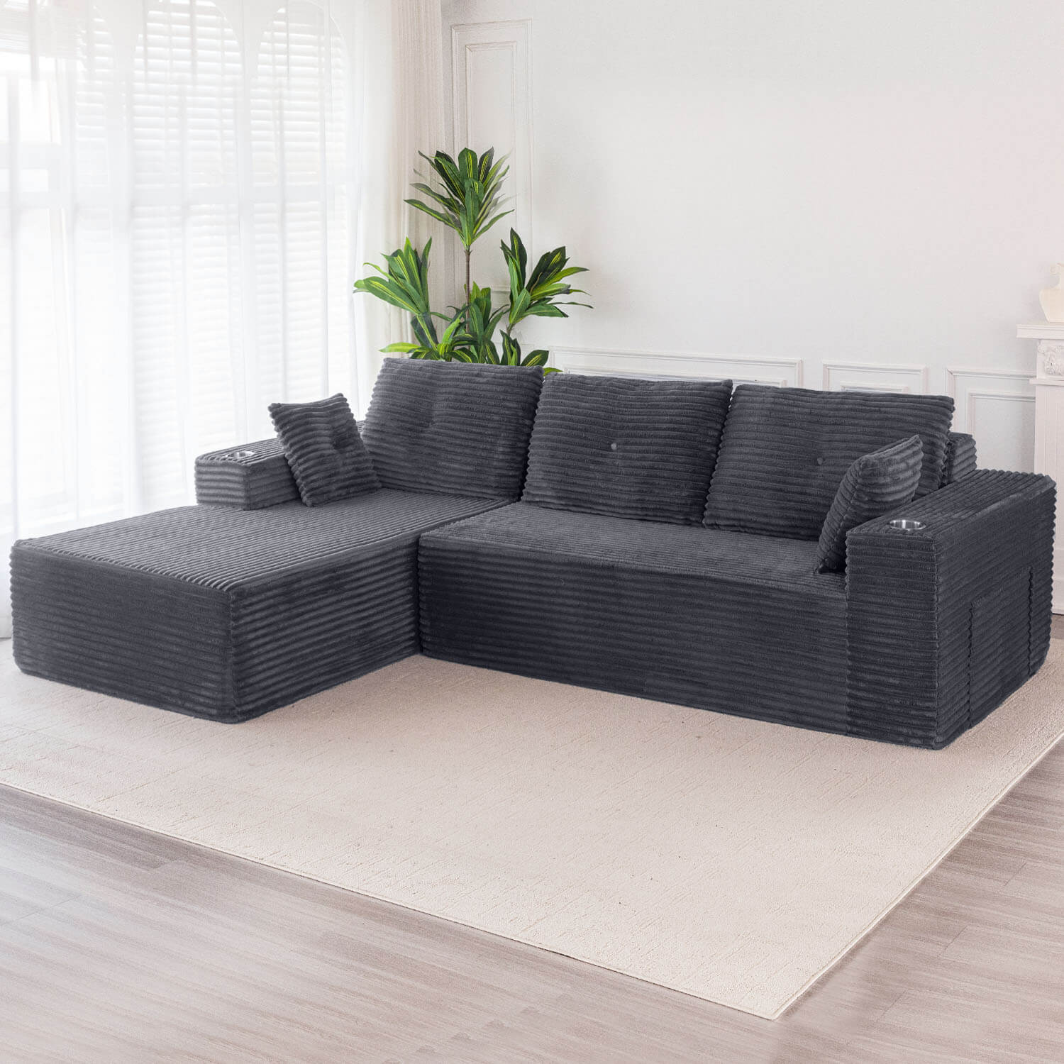 [Hot Sale] MAXYOYO Titan L-Shaped Sofa, 104" Modular Boneless Couch, Corduroy Cloud Sectional Sofa, 104"*65"*31.5", 2 Cupholders Design, No Assembly Required, Cozy for Living Room or Apartment