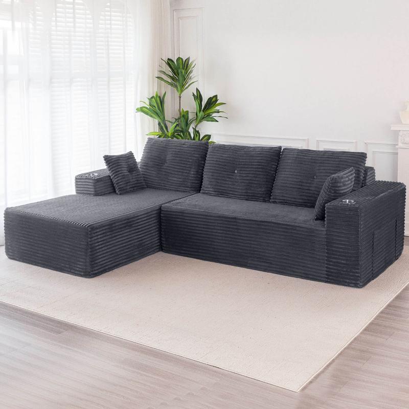 [Hot Sale] MAXYOYO 104" L-Shape Modular Couch, Corduroy Cloud Sectional Sofa, 104"*65"*31.5", 2 Cupholders Design, No Assembly Required, Cozy for Living Room or Apartment