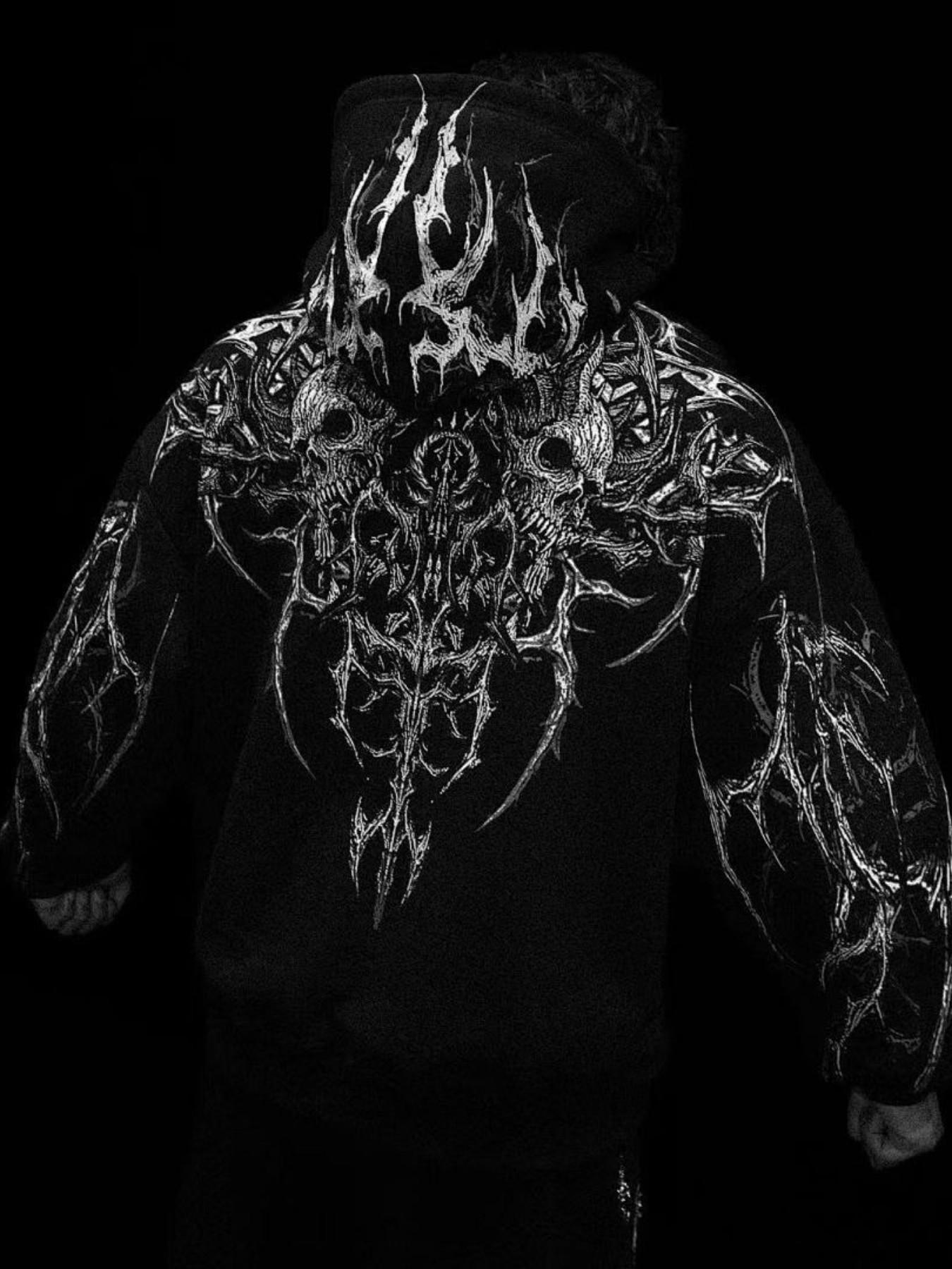 Gothic Demon Skull Print Oversized Hoodie | Y2K Grunge Streetwear Sweatshirt | Dark Aesthetic Hoodie for Men