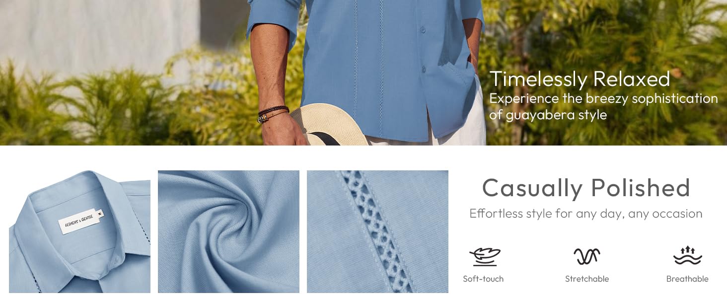 Alimens & Gentle Mens Cuban Guayabera Shirt Button Down Long Sleeve Summer Beach Casual Menswear