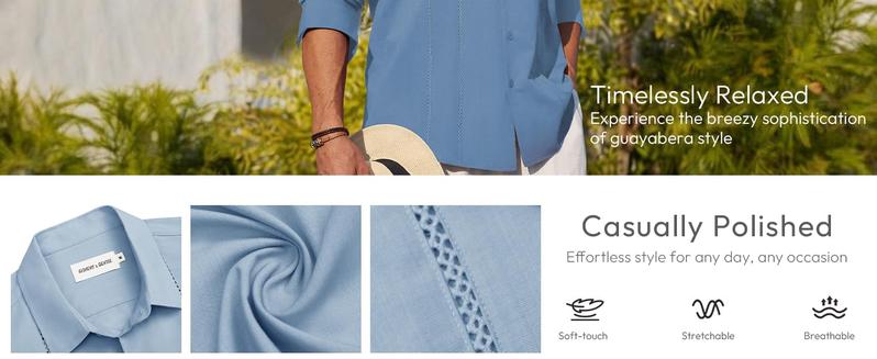 Alimens & Gentle Mens Cuban Guayabera Shirt Button Down Long Sleeve Summer Beach Casual Menswear