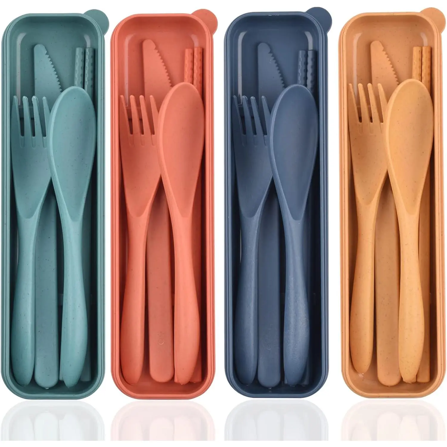 Reusable Utensils Set with Case, 4 Sets Wheat Straw Travel Cutlery Set, Portable Spoon Knife Fork Chopsticks Lunch Box Utensil Set for Kids Adults
