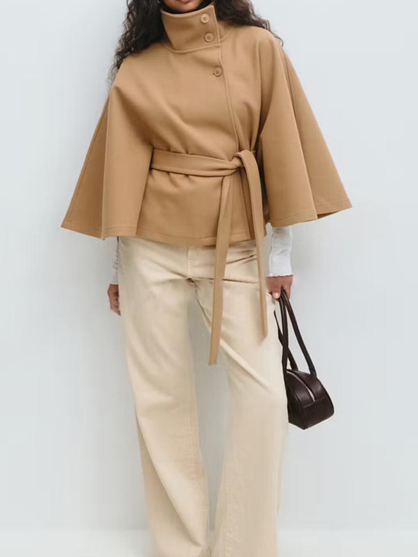 Women's Plain Front Buckle Belted Woolen Cape Coat, Casual Fall & Winter Outerwear, Stylish Daily Wear for Dating, Button