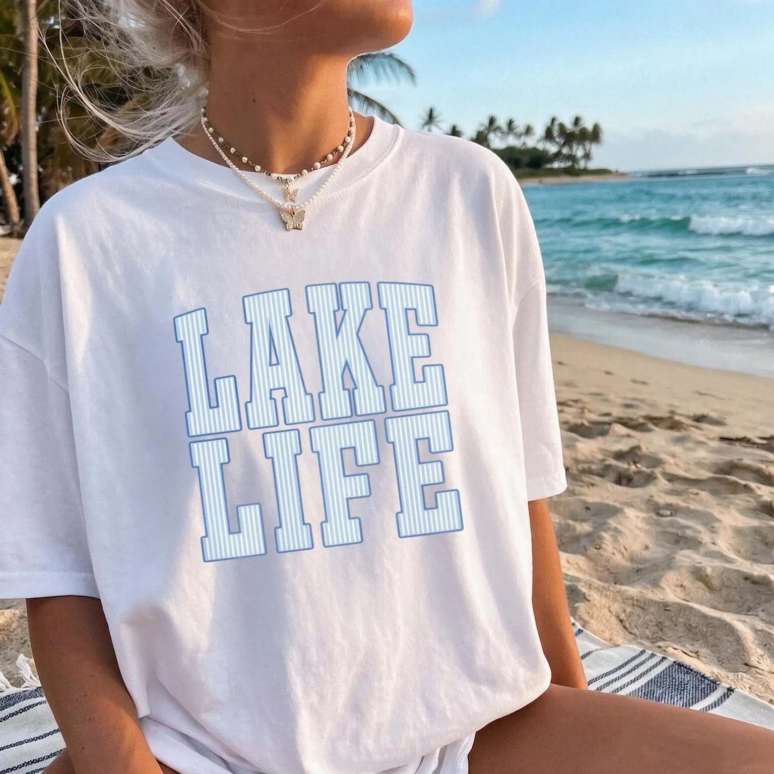 Retro Seersucker Lake Life Shirt Preppy Lake Tshirt Oversized Lake Vacation Tee Cute Summer Shirts Trendy Boating Tee
