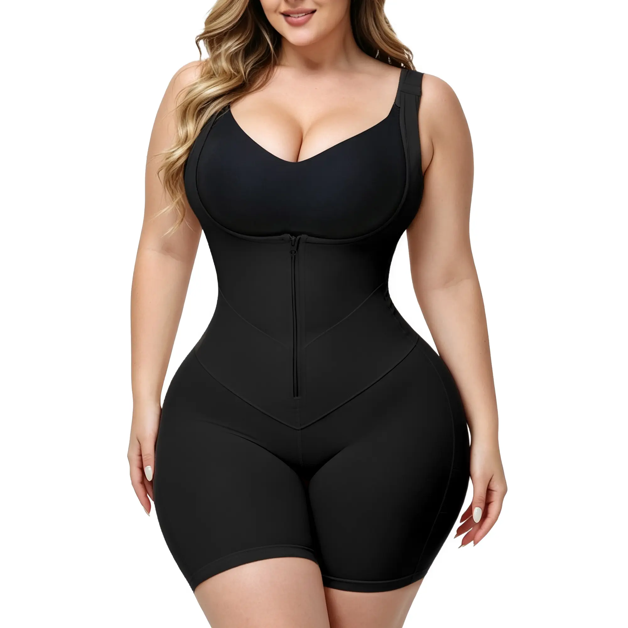 Women's Stretch Fabric Shapewear Bodysuit - Tummy Control, Tummy Lift, Waist-Defining Silhouette, Zipper Crotch, Hand Wash