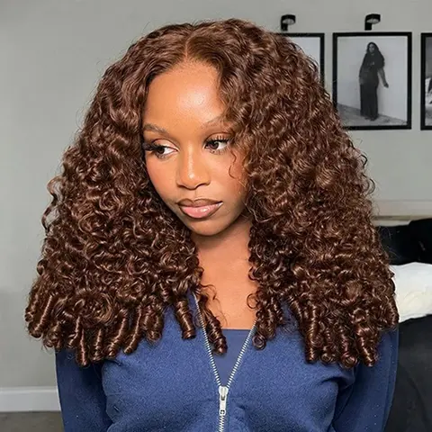 Burmese Curly 13x6 Lace Frontal Wig Drawstring Glueless Wigs #4 Brown Color 200% Density Water Wave Virgin Human Hair Wigs Pre Plucked Natural Hairline