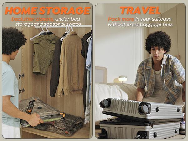 VACBIRD Vacuum Packing Pump Storage Bags 5Kpa Compression Hands-Free Cordless Rechargeable Lightweight Portable Transparent Travel Large Sealer Bags with Rounded Design Set 28/24/20 Inch 10/15/20 pcs Zipper Pouch Universal