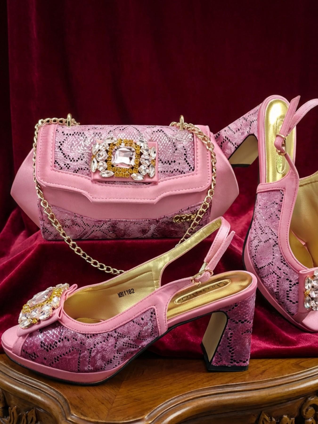 2026 New Designer Fashion Open-Toe High Heels, Elegant Party Olive Color Diamond Decorated Slip-On Shoes, Italian Shoe Bag Set