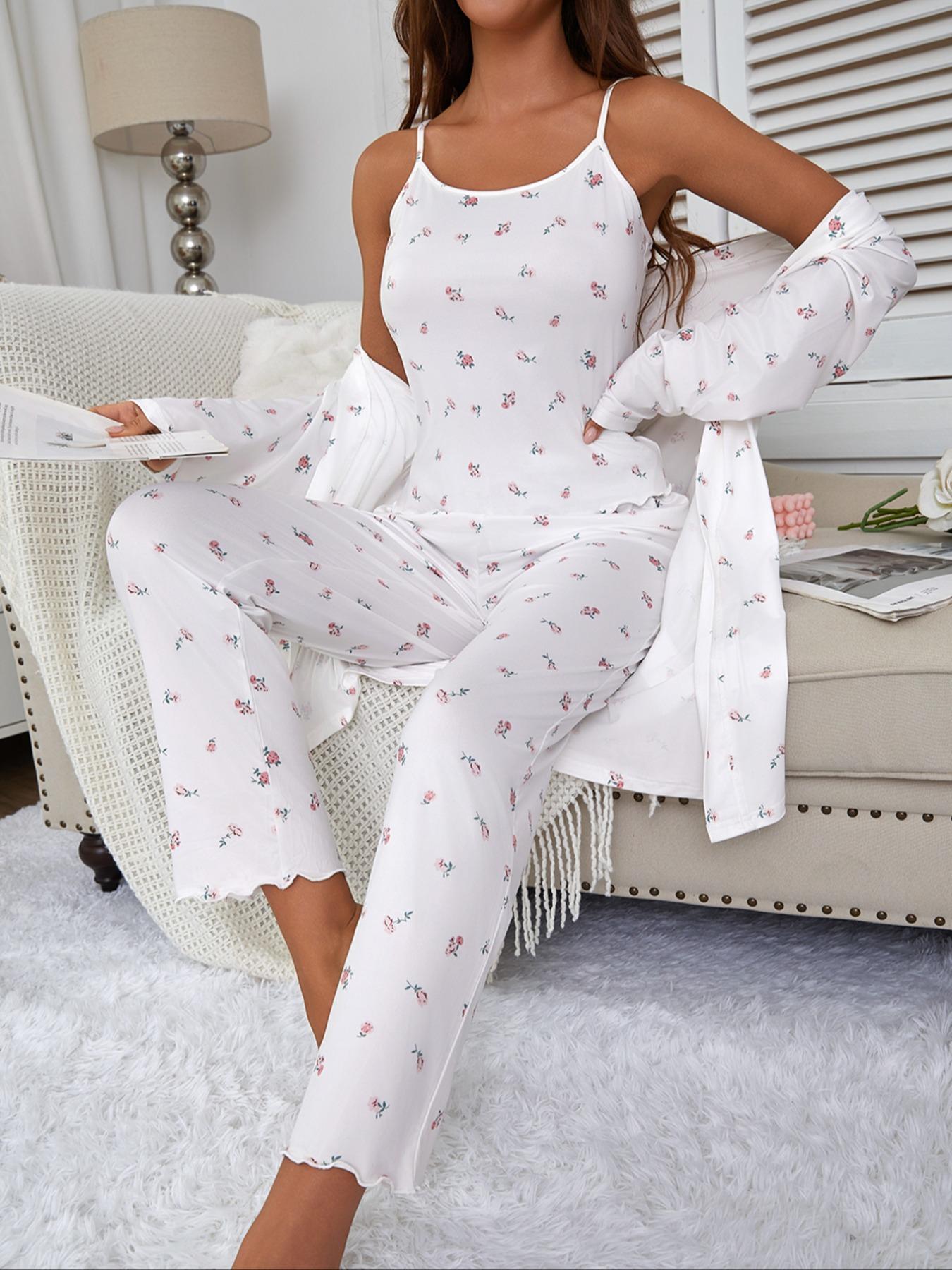 Women's Floral Print Robe Set with Spaghetti Strap Pants, Comfortable Casual Home Wear, All-Season Fitted Sleepwear Collection, Loungewear