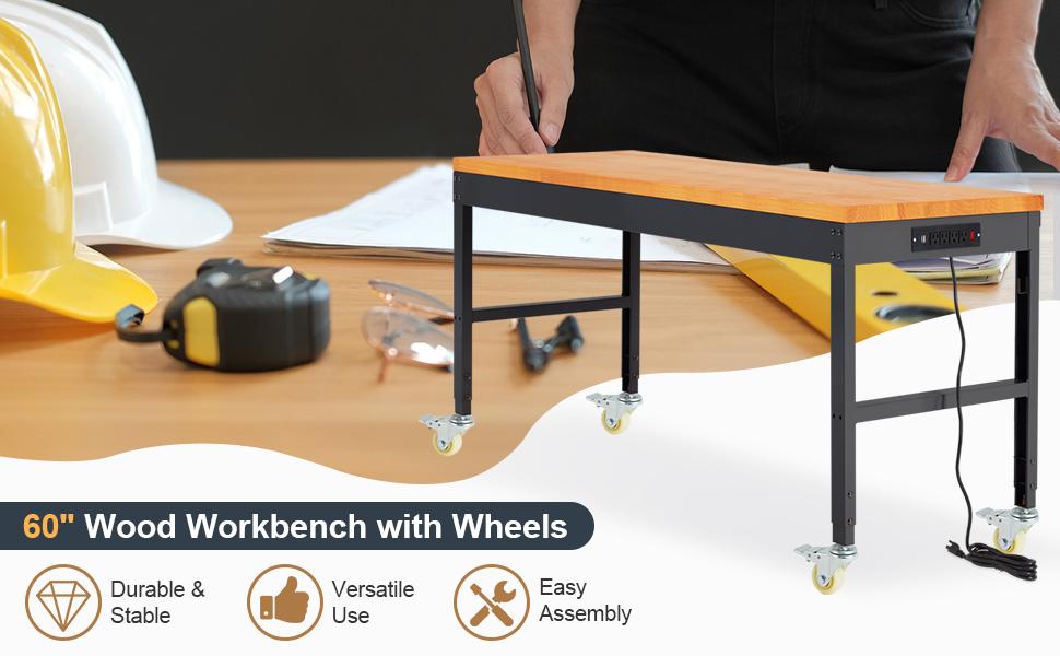 Height Adjustable Workbench with Wheels 60" 2000 Lbs Capacity Solid Wood Work Station Heavy-Duty Rolling Work Tables for Garage Party Shop Office
