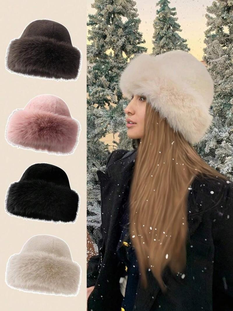 Women's Elegant Solid Color Bucket Hat, 2025 New Style Trendy Fuzzy Warm Hat, Chic All-match Girls Accessories for Fall & Winter Outfit Matching Beanie Fitted