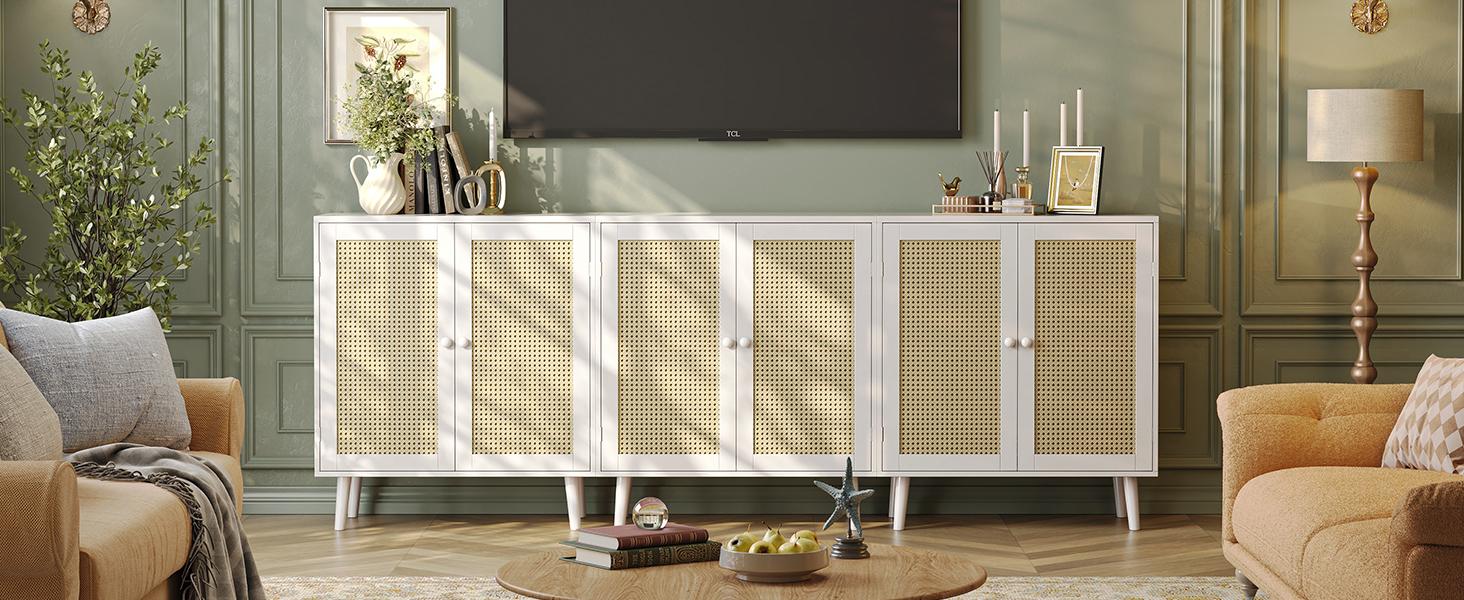 Huuger Buffet Cabinet with Storage, Storage Cabinet with PE Rattan Decor Doors, Media Console with Solid Wood Feet, Sideboard Cabinet for Hallway, Entry, Living Room