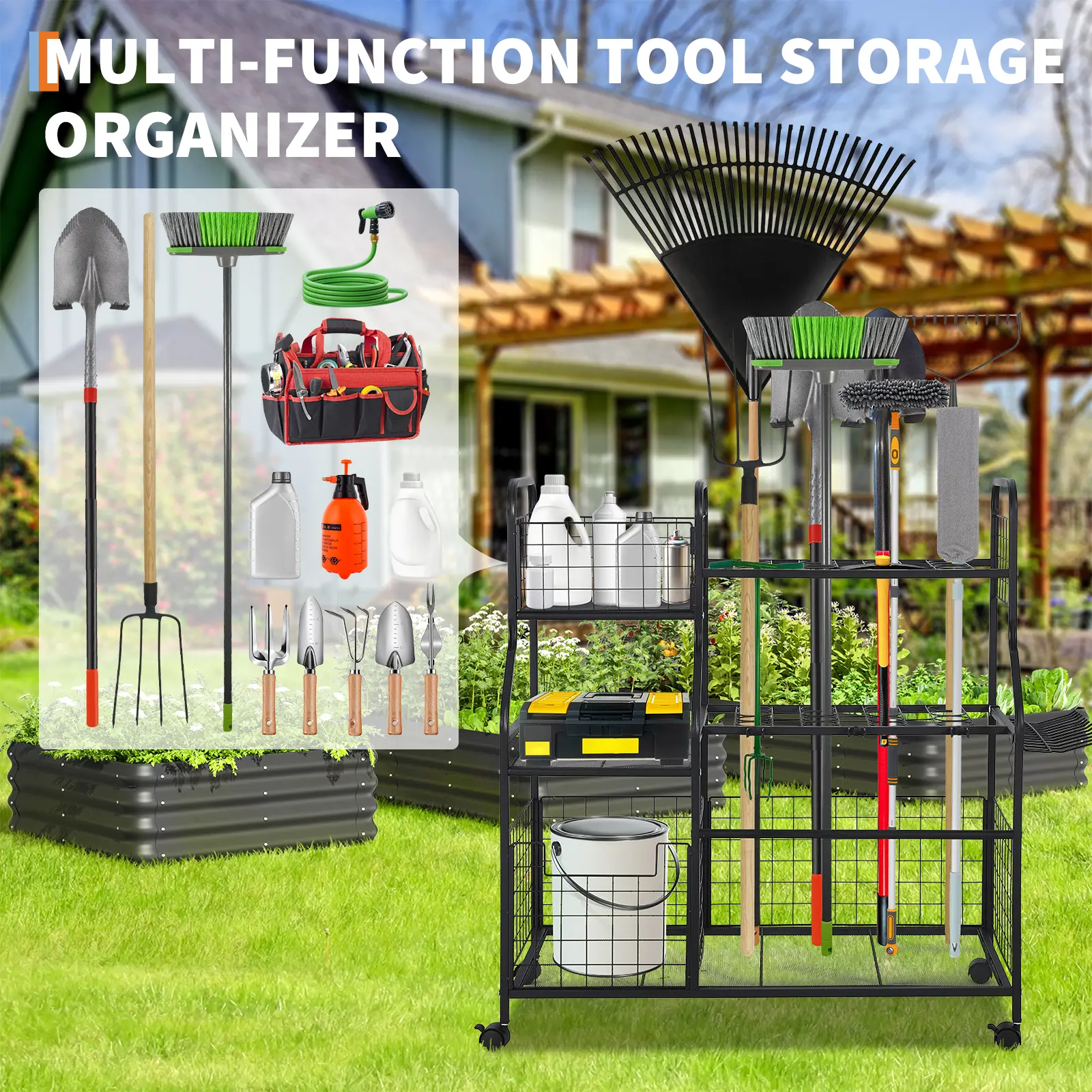Garvee Heavy Duty Mobile Metal Garden Tool Organizer Rack - Freestanding Storage Cart with Wheels and Multi-Tier Hooks - Holds Up to 32 Long-Handled Yard Tools, Brooms, Rakes - Lockable Garage and storage unit Tool Holder, Utility Rack, Garage Organizer