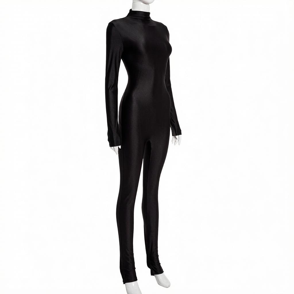 Women's Shiny Satin High-Neck Footed Jumpsuit, Long Sleeve Fitted Bodycon Jumpsuit, Nightclub Streetwear Sexy