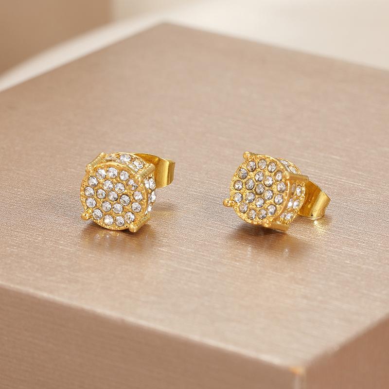 Full Diamond Hip Hop Men's Ear Stud Zircon Micro-Set Plated Round Earrings for Women