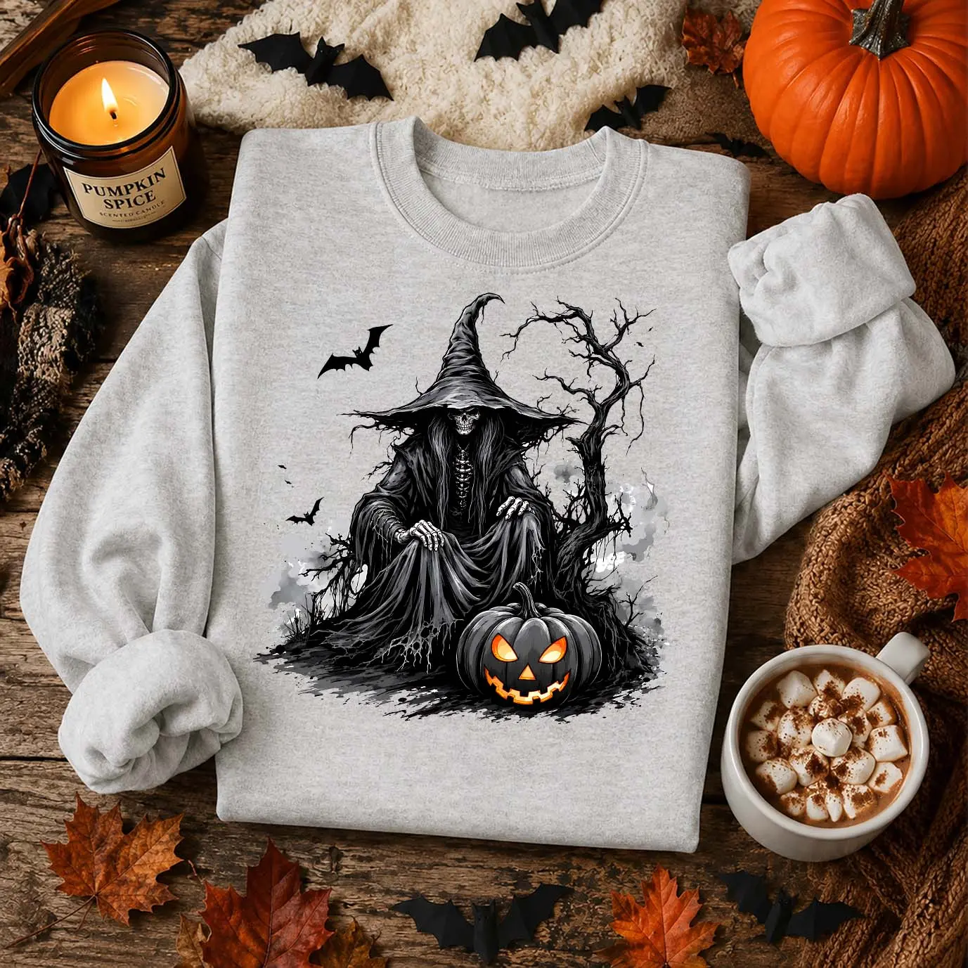 Women’s Halloween Dark Witch & Skeleton Graphic Sweatshirt, Spooky Pumpkin Bat Crewneck Pullover, Gothic Long Sleeve Fall Top, Cozy Casual Autumn Shirt for Halloween Parties, Haunted Nights, Weekend Wear & Seasonal Gifts
