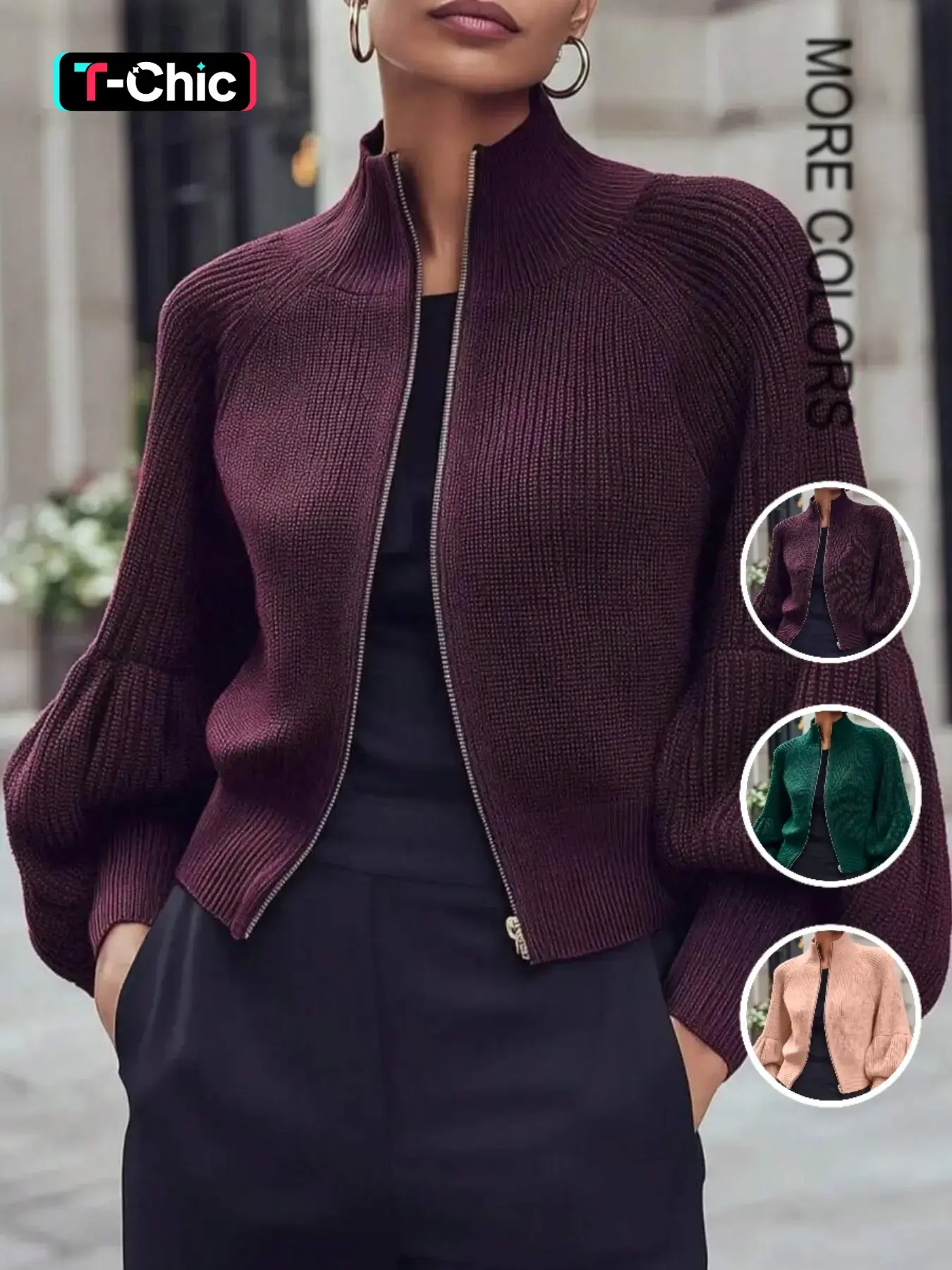 Autumn Winter New High Collar Zipper Knit Cardigan, Unique Design Solid Color Lantern Sleeve Loose Fit, Elegant Casual Fashion Sweater Jacket for Women Knitwear