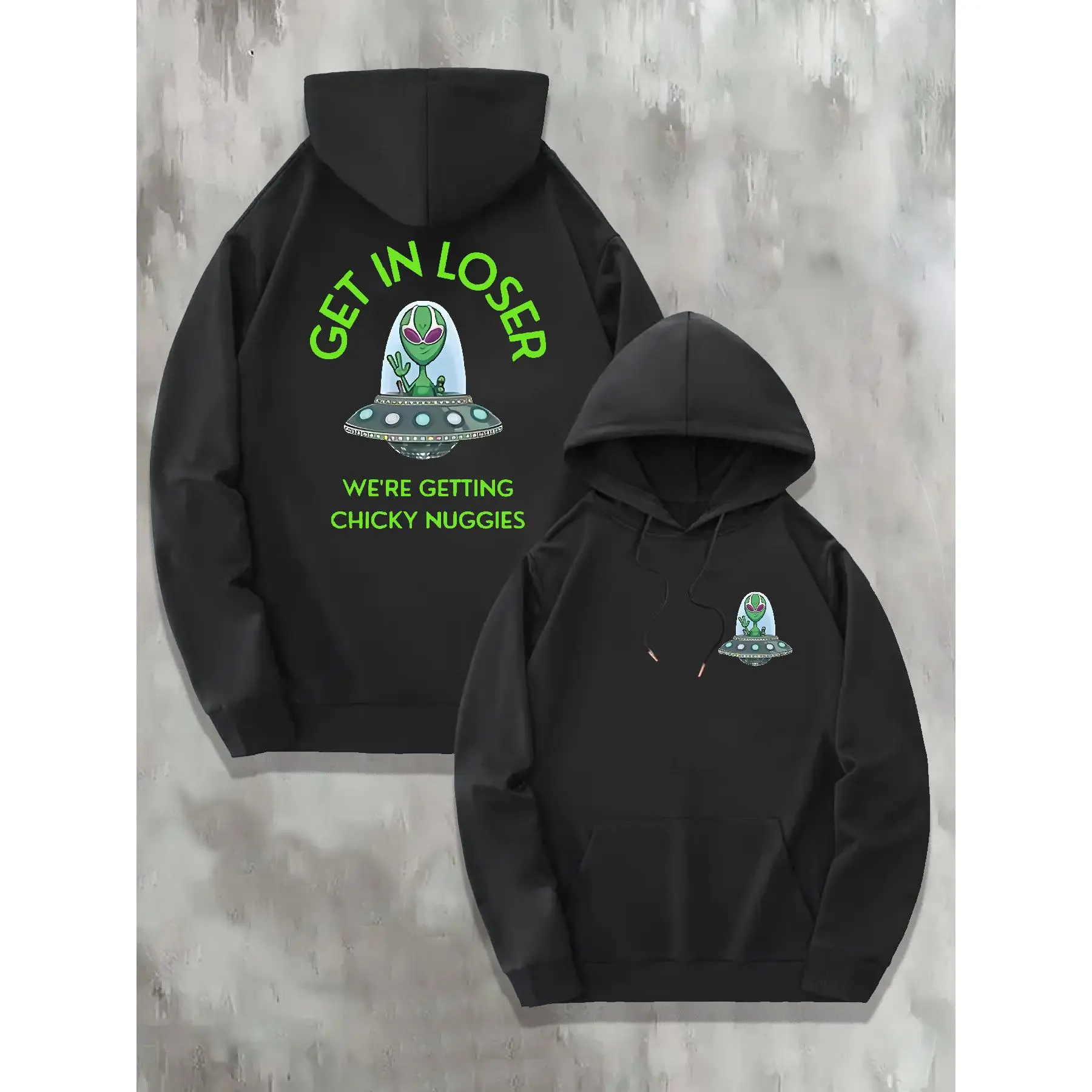 Oversized Geometric Alien Hoodie - Loose‑fit Stretch Pullover Sweatshirt with Front Pocket, Long‑Sleeve Casual Alien‑Themed Outerwear for Spring and Autumn - Made of Pure Cotton Fabric