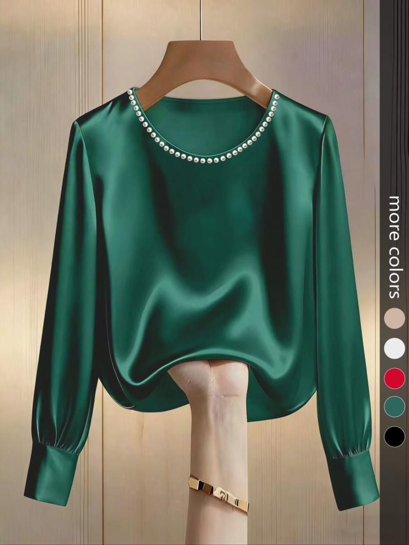 Women's Fashion Long Sleeve Top, Elegant Satin Round Neck Blouse, Suitable for Casual and Formal Office Commute