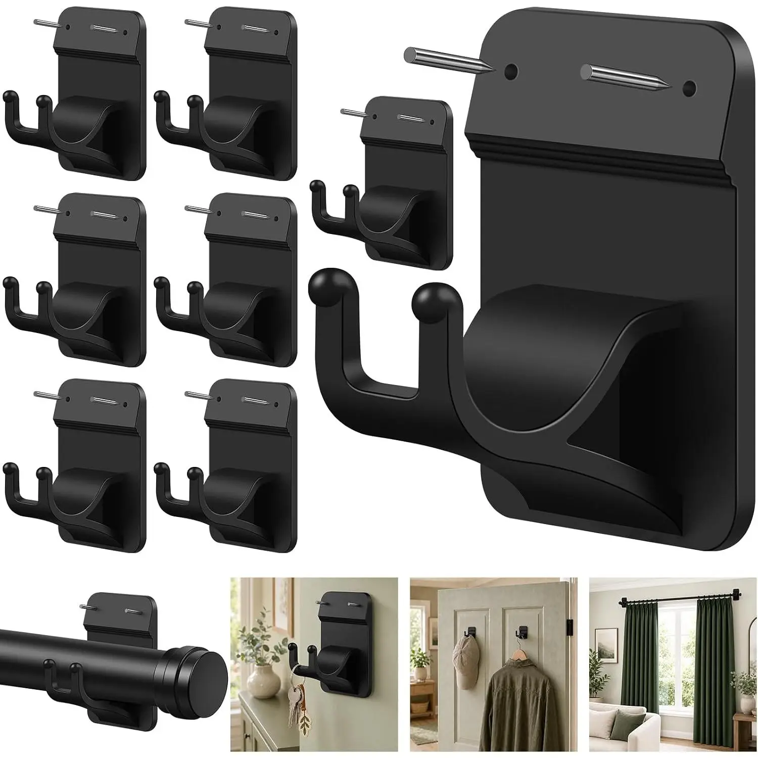 No Drill Curtain Rod Brackets, 8-Pack Adhesive Hooks with Invisible Nails