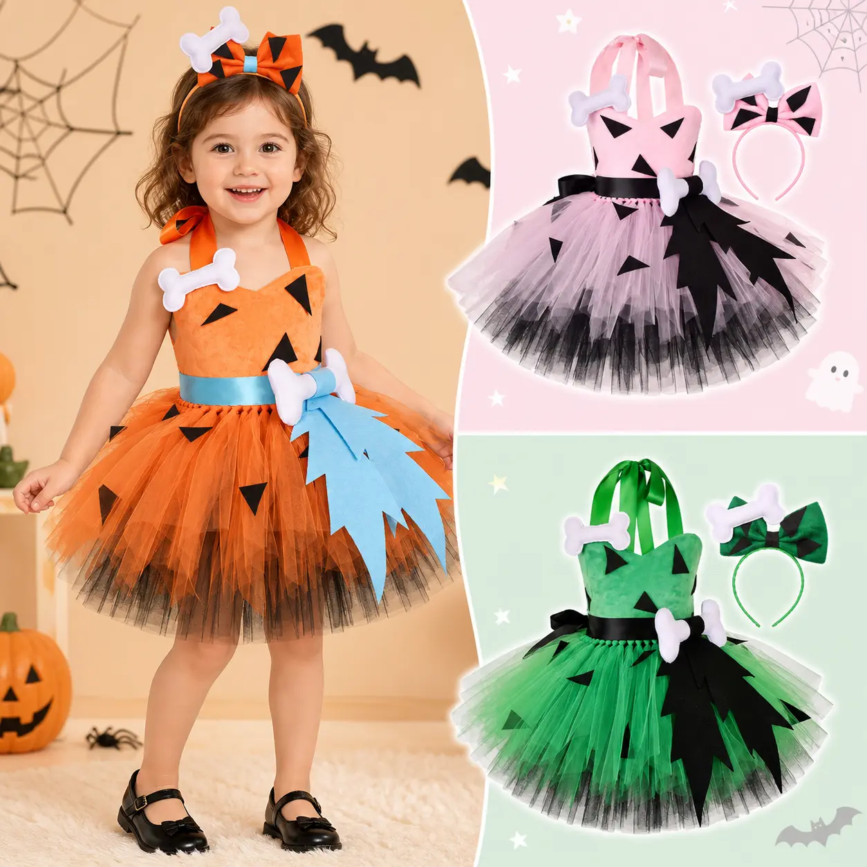 Little Girls Halloween Costume Sleeveless Halter Tutu Dress with Bone Bow Headband Kids Cartoon Cosplay Outfit for Carnival Trick or Treat
