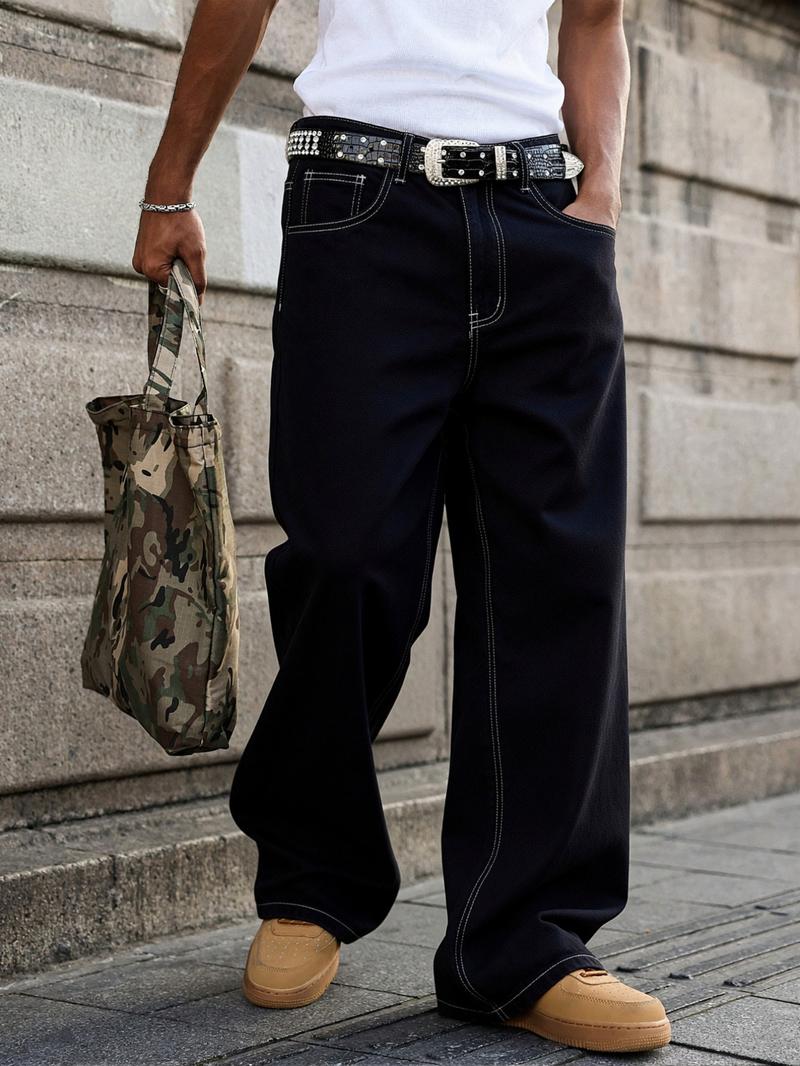 Men's American Vintage Wide Leg Straight Jeans, All-Season Distressed Denim Jeans, Casual Loose-Fitting Streetwear