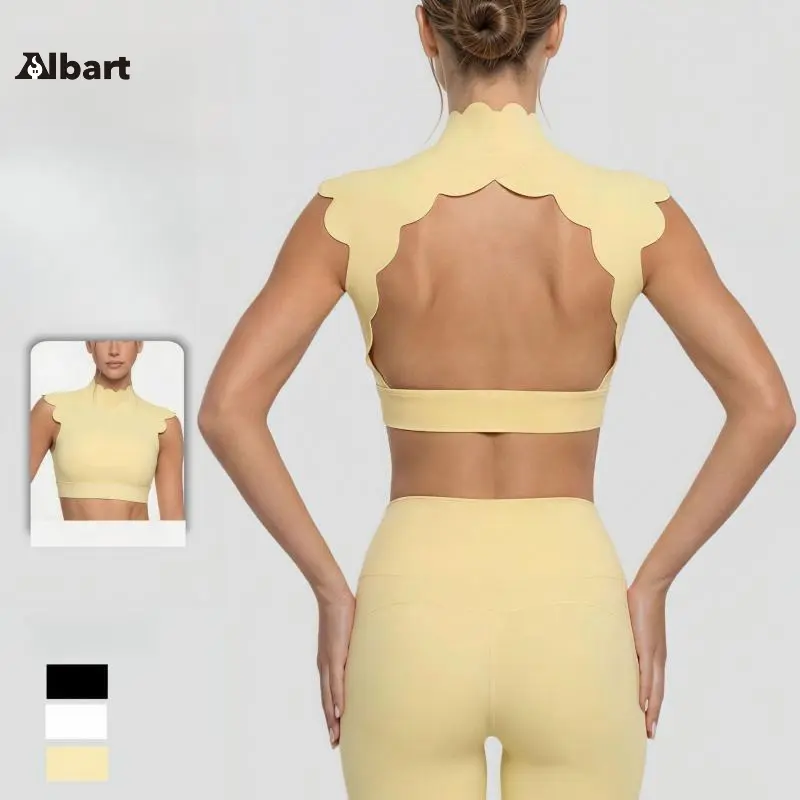 Women 2 Piece Yoga Workout Matching Set, Scalloped Edge Mock Neck Sleeveless Crop Top And High Waist Scallop Hem Yoga Leggings, Soft Stretch Ruffled Trim Activewear Co Ord Set For Pilates, Gym Training, Dance And Daily Casual Street OOTD