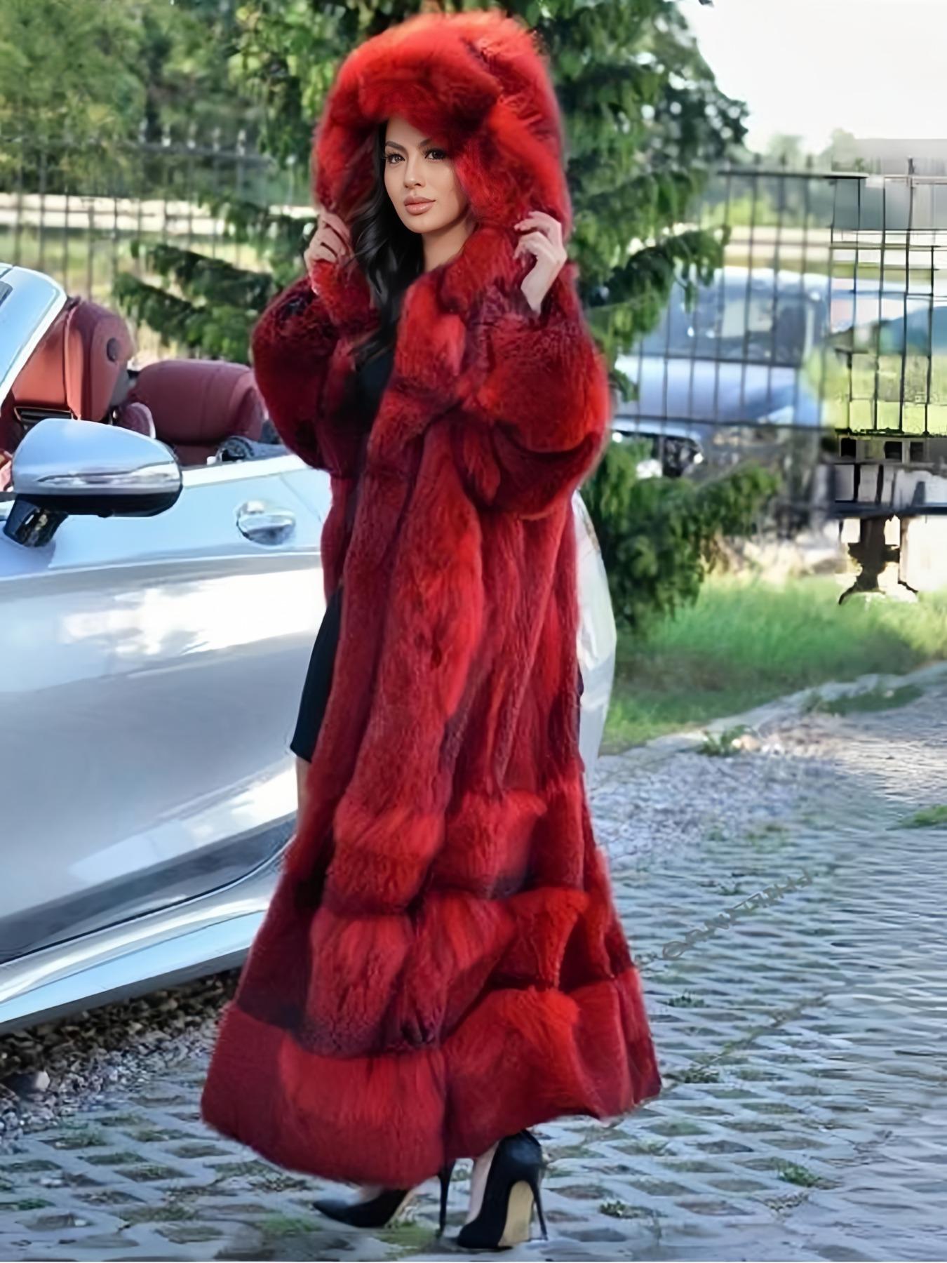 Women's Faux Fur Coat, Elegant Chic Long Sleeve Hooded Design, Soft Fox Fur Patchwork, Loose-Fitting Winter Outerwear Jackets for Travel Christmas New Year Womenswear