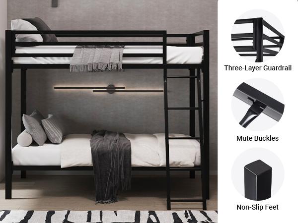 Allewie Twin Over Twin Metal Bunk Bed - 【Frame Only No Mattress】Angled Ladder & Heavy-Duty Guardrail for Kids/Adults, Space-Saving Noise-Free Design, Black/White,#TikTokShopBlackFriday #Christmas Gifts