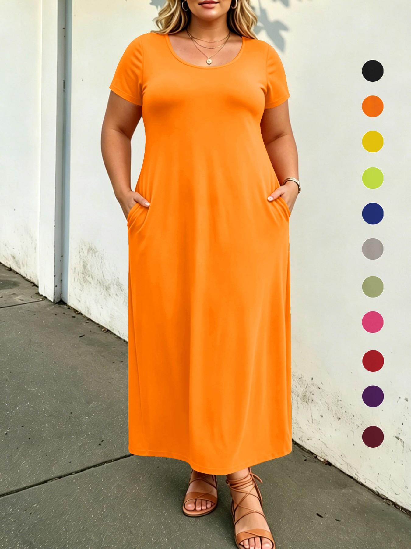 Plus Size Solid Color Loose Maxi Dress, Short Sleeve, Round Neck, Side Pockets, Curvy Daily Wear, Tummy Hiding