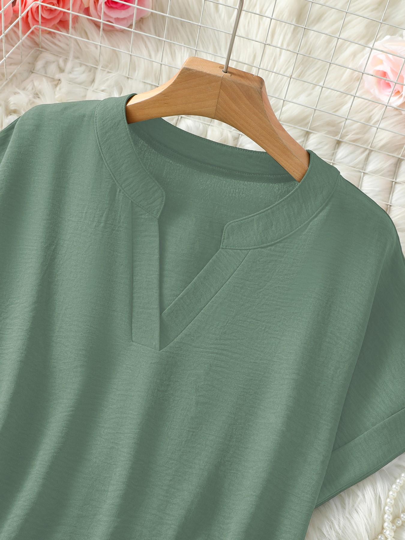 Women's Simple Solid Color Commuter V-Neck Drop Shoulder Vintage Versatile Top, Short Sleeve Fitted H-Type Blouse, Casual Fashion Shirts